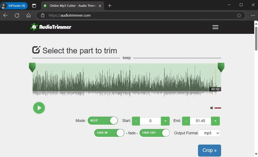 Công cụ Audio Trimmer trong trình duyệt có bật tùy chọn nhỏ dần