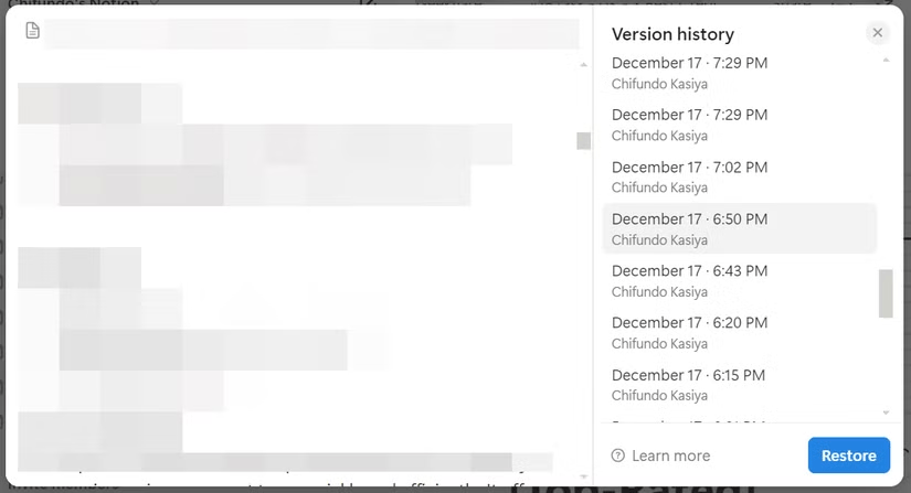 Page history in Notion.