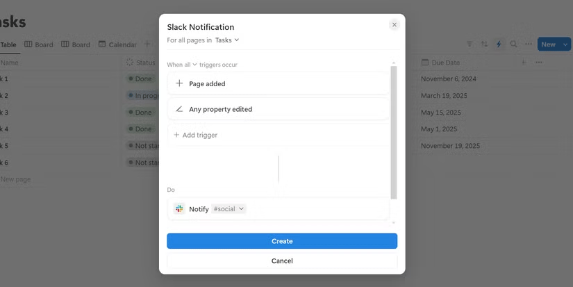 Create automations for Slack notifications in Notion.