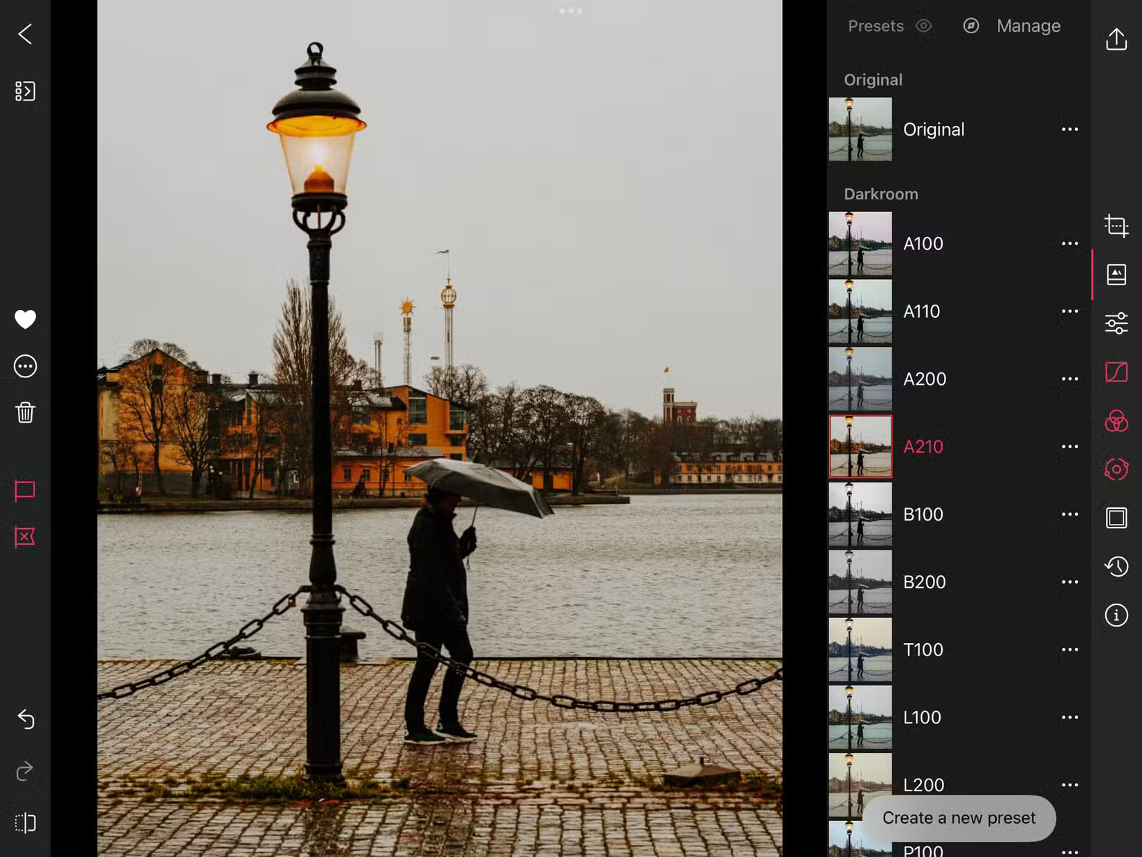 Darkroom application preset settings 