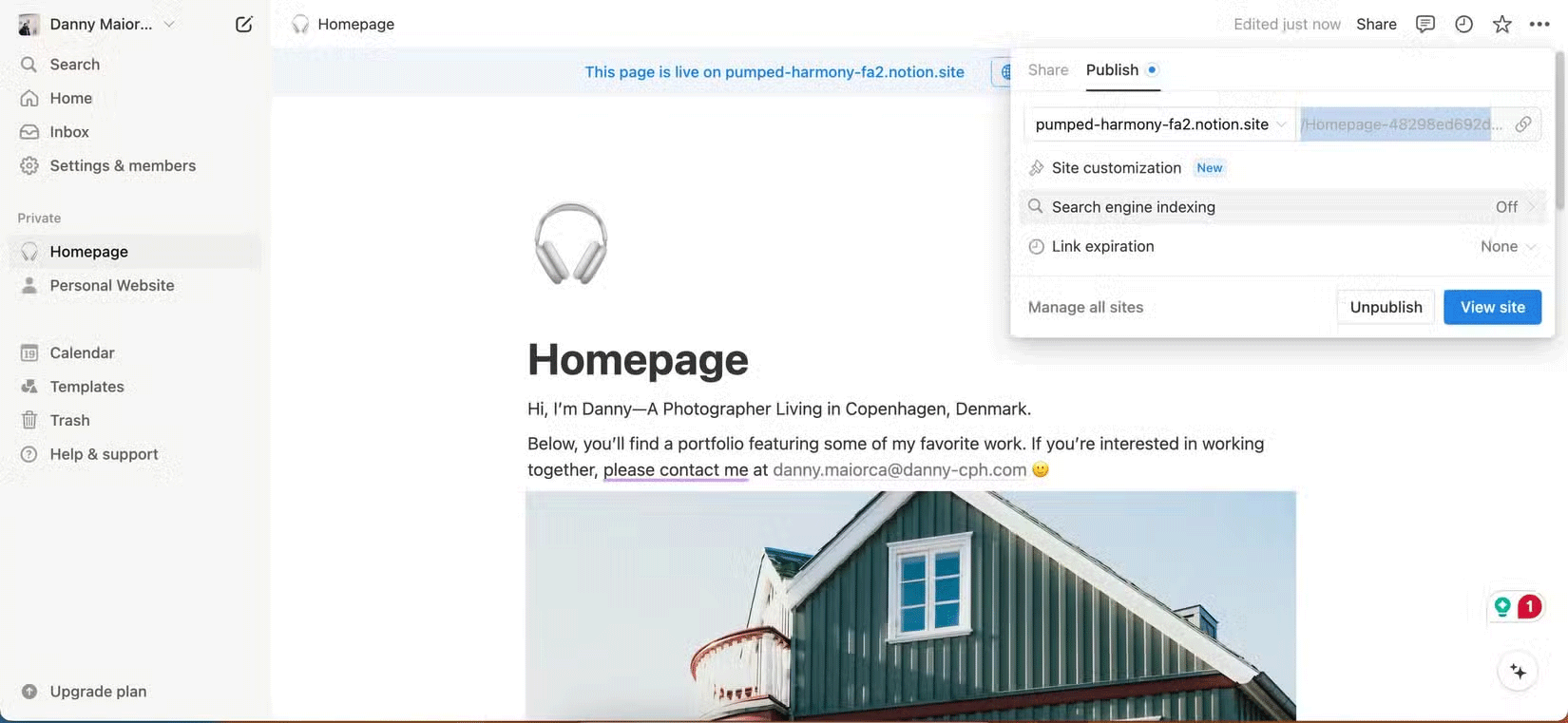 Một domain đã xuất bản cho trang web Notion