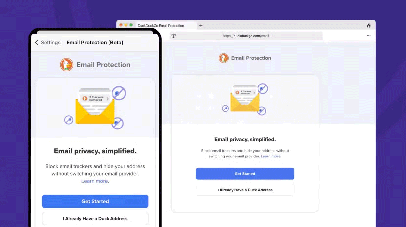 Email protection signup page in DuckDuckGo for mobile and desktop