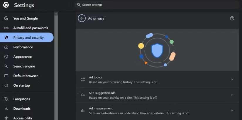 Menu cài đặt Ad Privacy trong Google Chrome