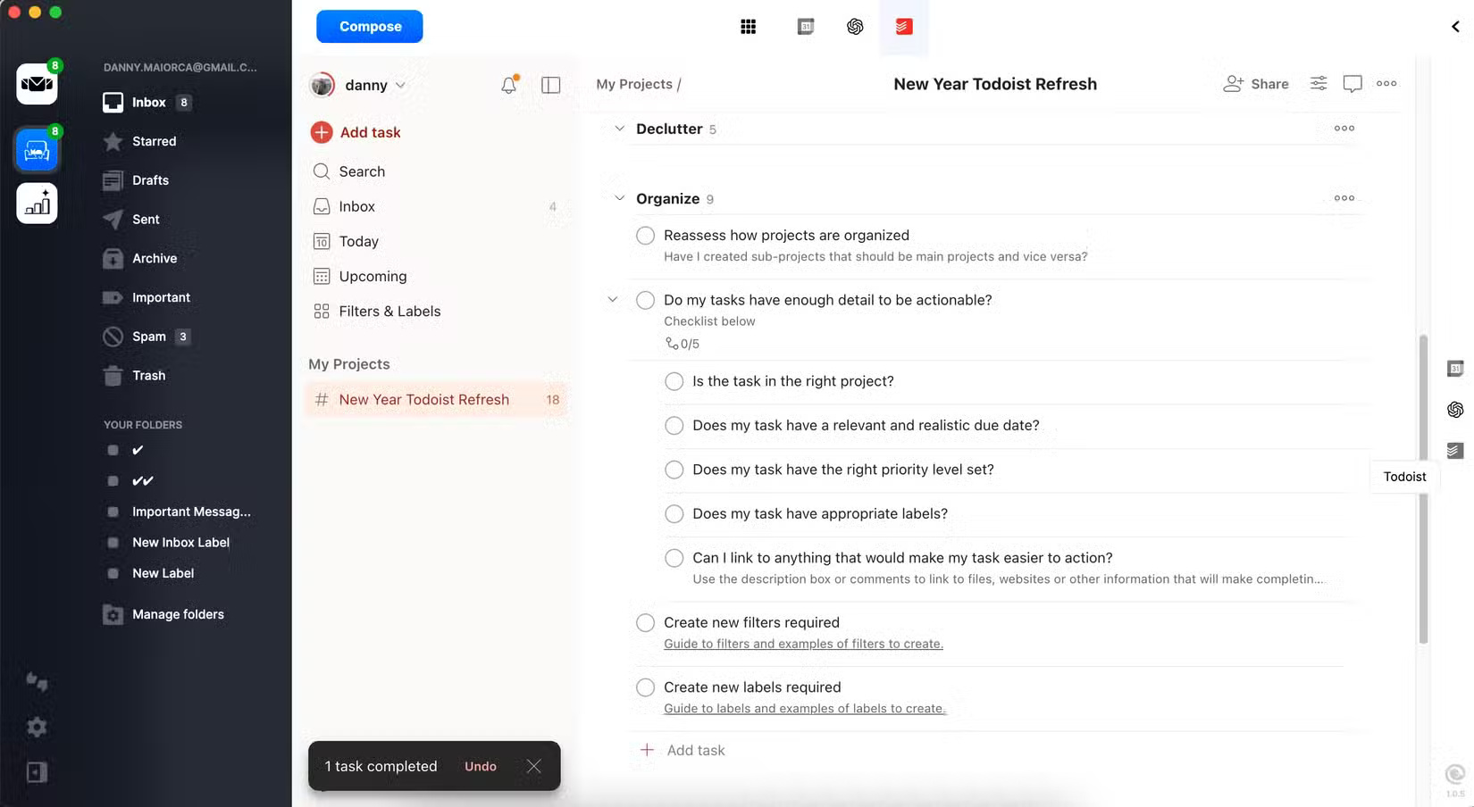 Manage tasks in Todoist through the Mailbird app.