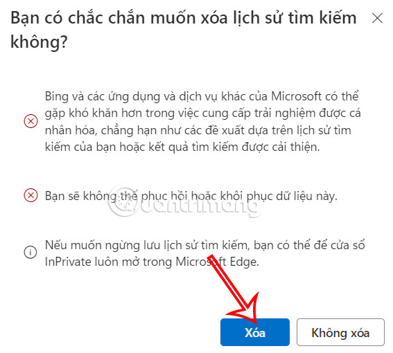 Chọn xóa lịch sử tìm kiếm trên Microsoft 