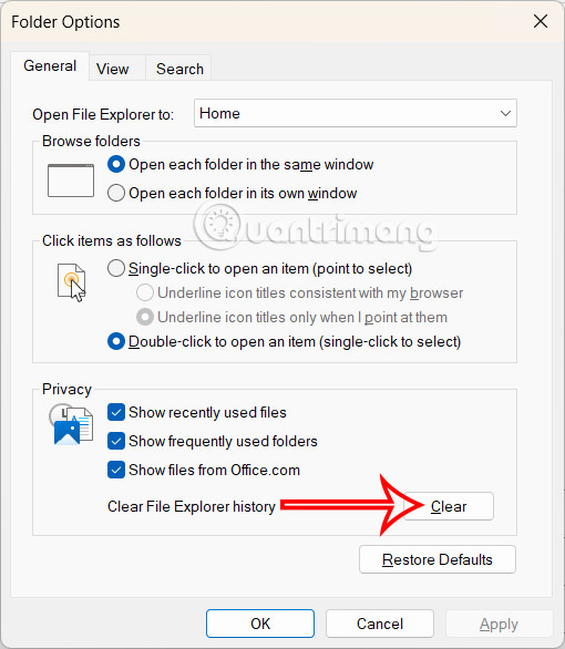 Xóa lịch sử tìm kiếm File Explorer Windows 11