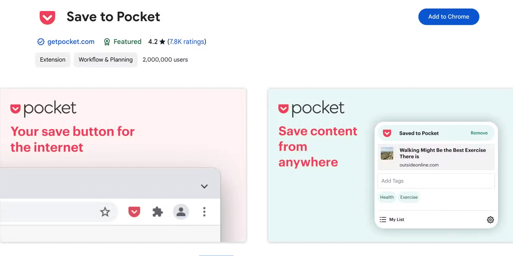 Save to Pocket Chrome extension download page