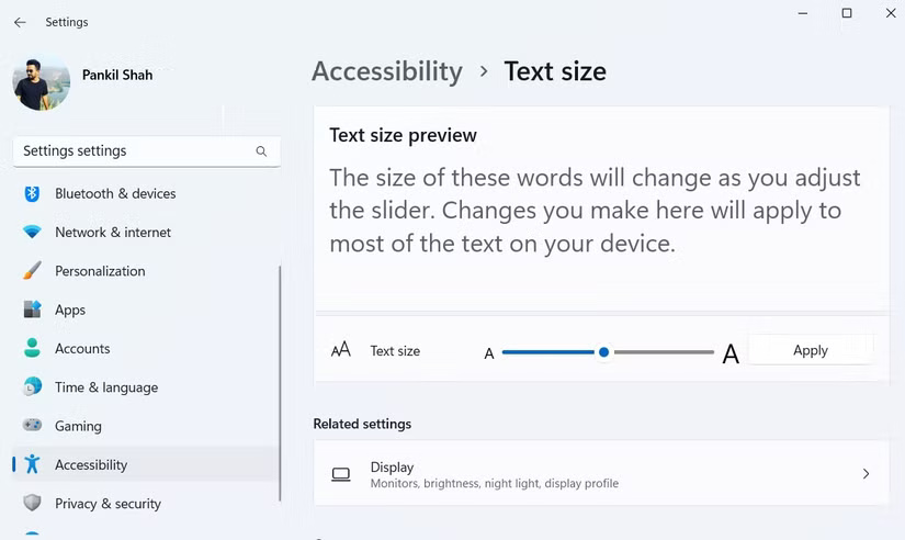 Text size options in the Windows Settings app