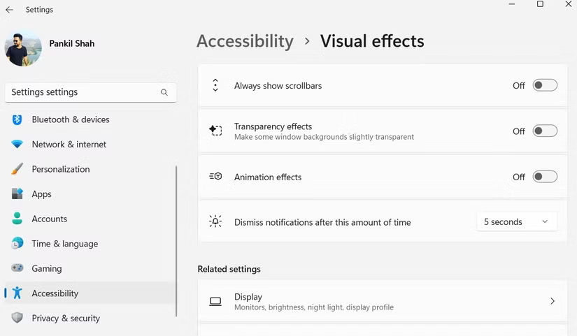 Visual effects menu in the Windows Settings app