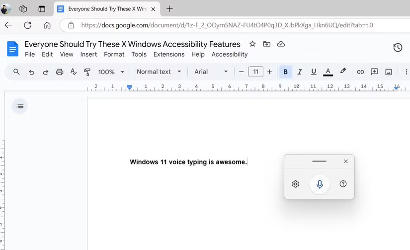 Windows 11 voice input menu in a Google Docs document