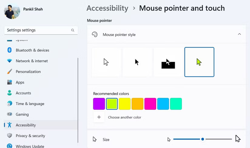 Mouse cursor options in Windows Settings 11 application