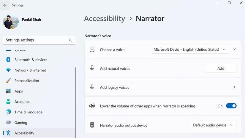 Narrator menu in the Windows Settings application