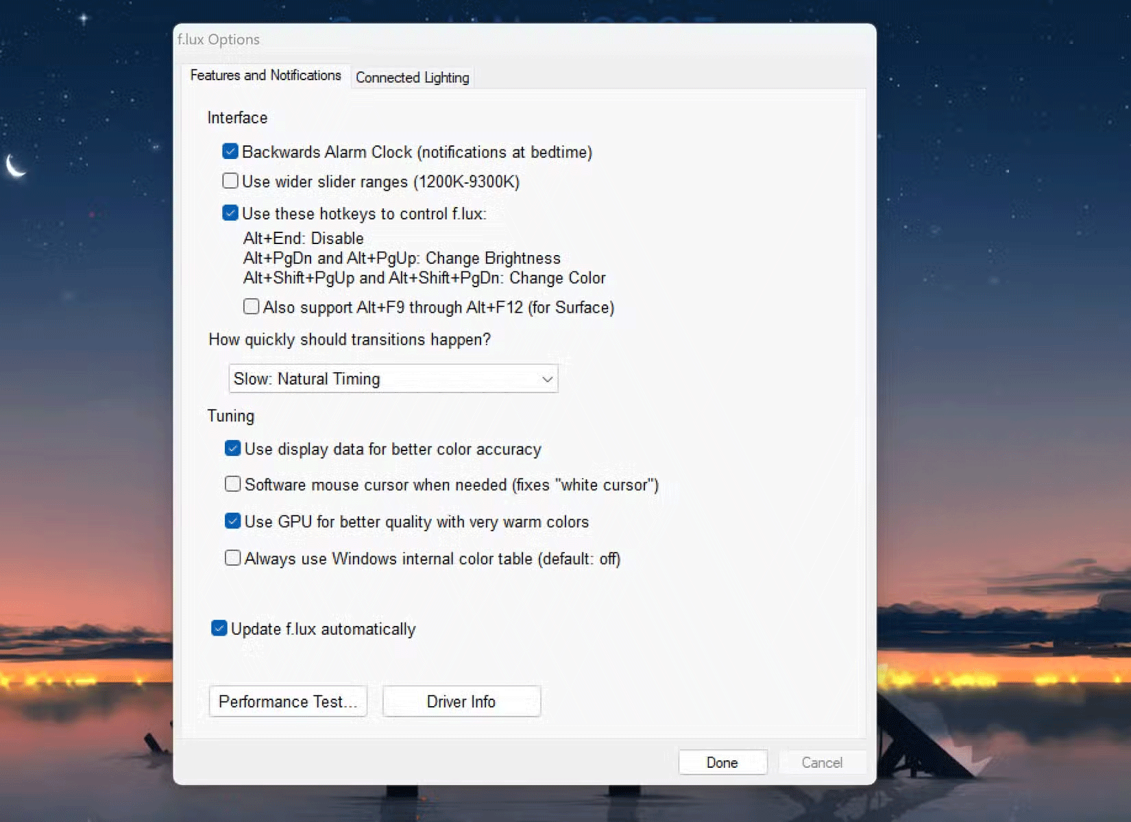 F.lux settings panel