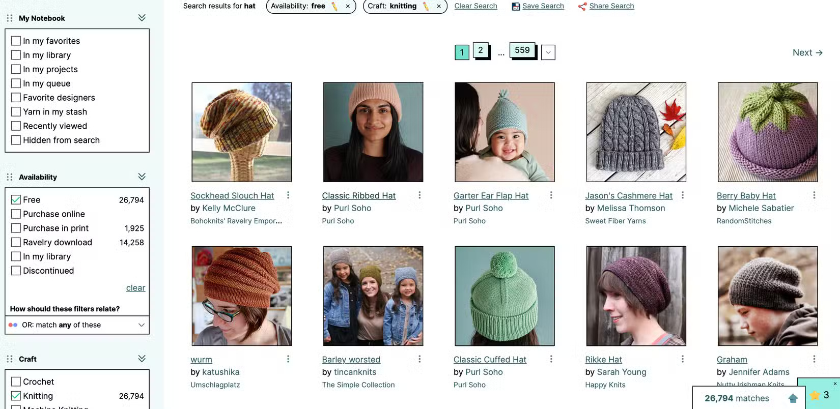 Ravelry project page with 10 knit hat patterns