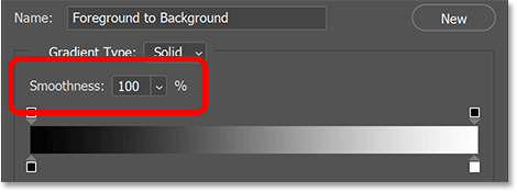 The Smoothness option is set to 100% in Photoshop's Gradient Editor
