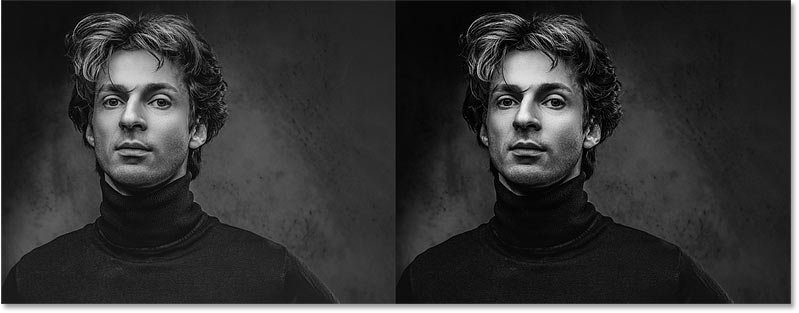 Comparing black-and-white conversions from Photoshop's Desaturate command (left) and Gradient Map (right)