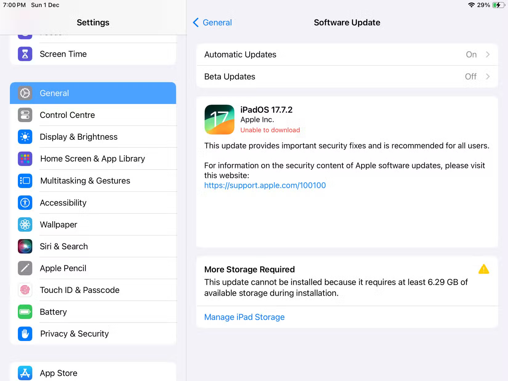 The iPadOS software update menu features the new iPadOS 17 version