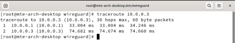 Lệnh traceroute thành công giữa hai node Wireguard.