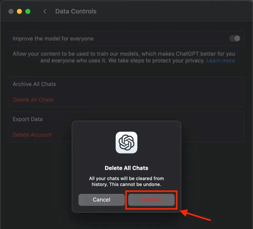 Delete chat history in the ChatGPT macOS app