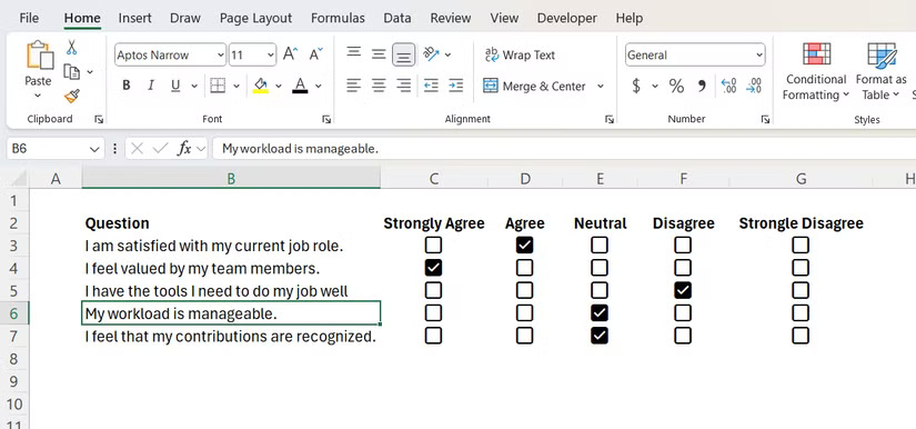 A simple questionnaire in Excel.