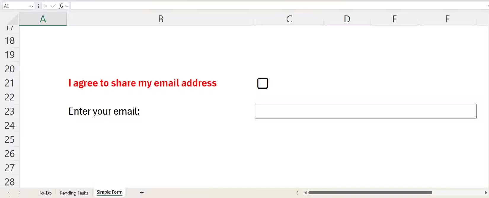 Checkbox to agree to share email addresses in Excel.