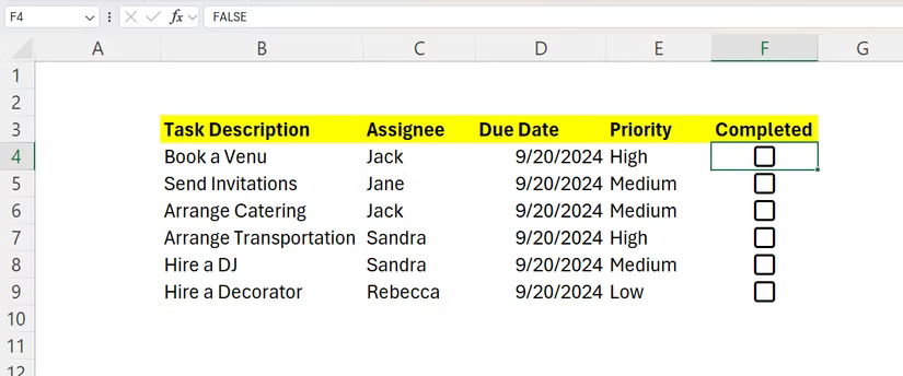 Task list for a simple project in Excel.