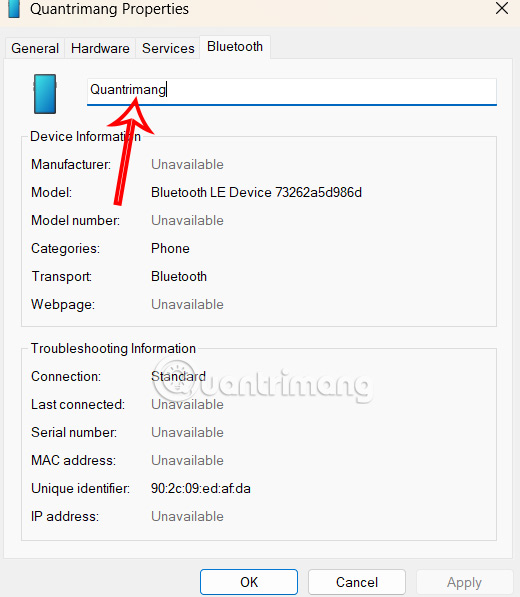 Tên mới thiết bị bluetooth trên Windows 11