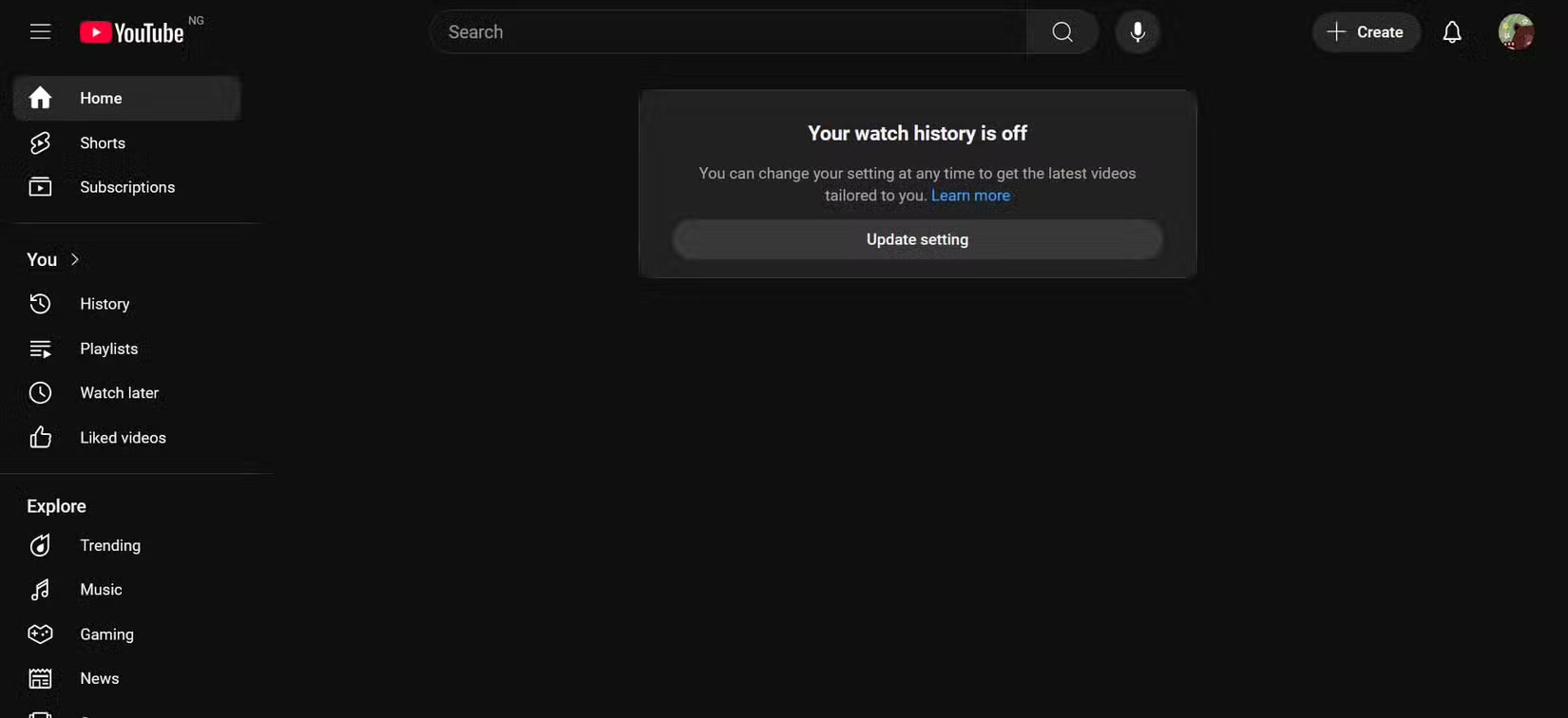 The YouTube home feed has no history