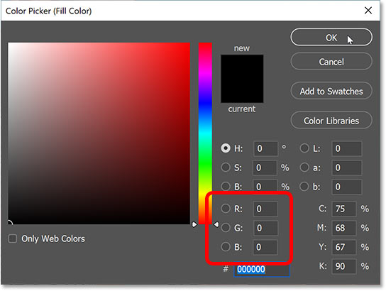 Chọn màu đen từ Color Picker của Photoshop.