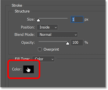 Nhấp vào Stroke color swatch trong hộp thoại Layer Style của Photoshop.
