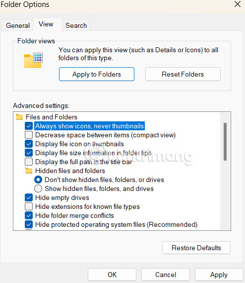 Tắt thumbnail File Explorer Windows 11