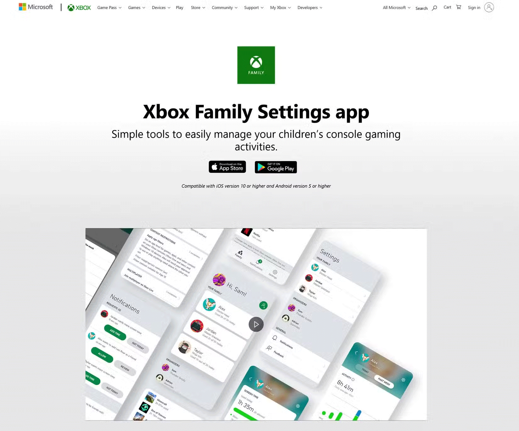 Xbox Family Settings app setup page