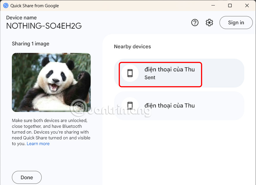 Đã gửi file trên Quick Share Windows 