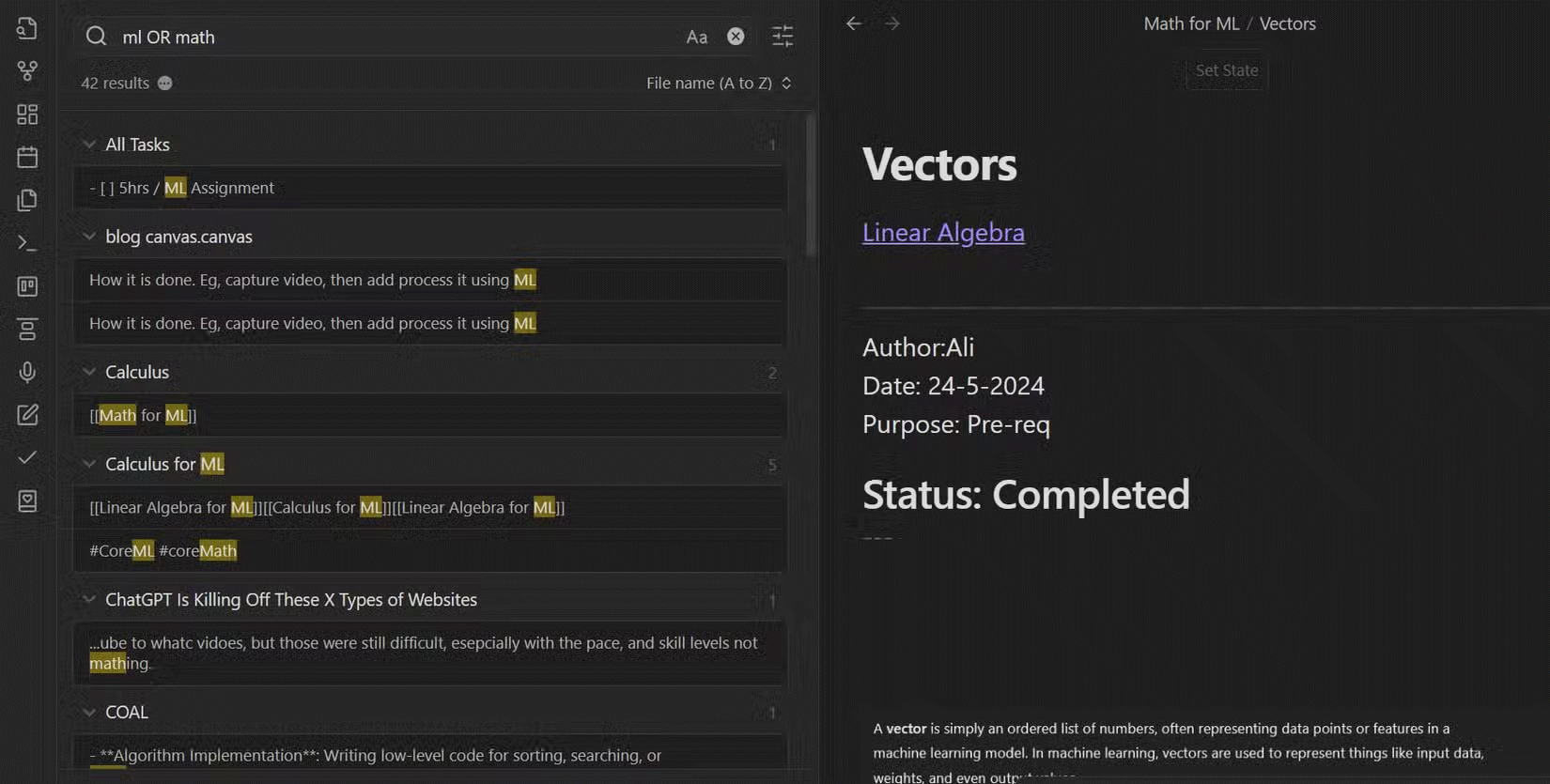 Obsidian's search feature displays results using boolean operators