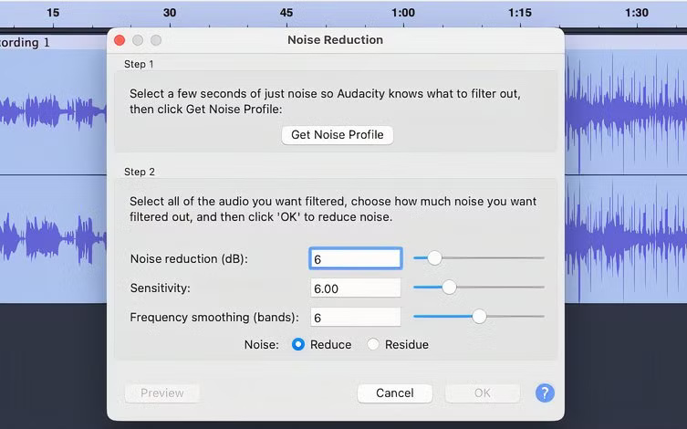 Audacity - thêm tính năng giảm tiếng ồn trước khi xuất.