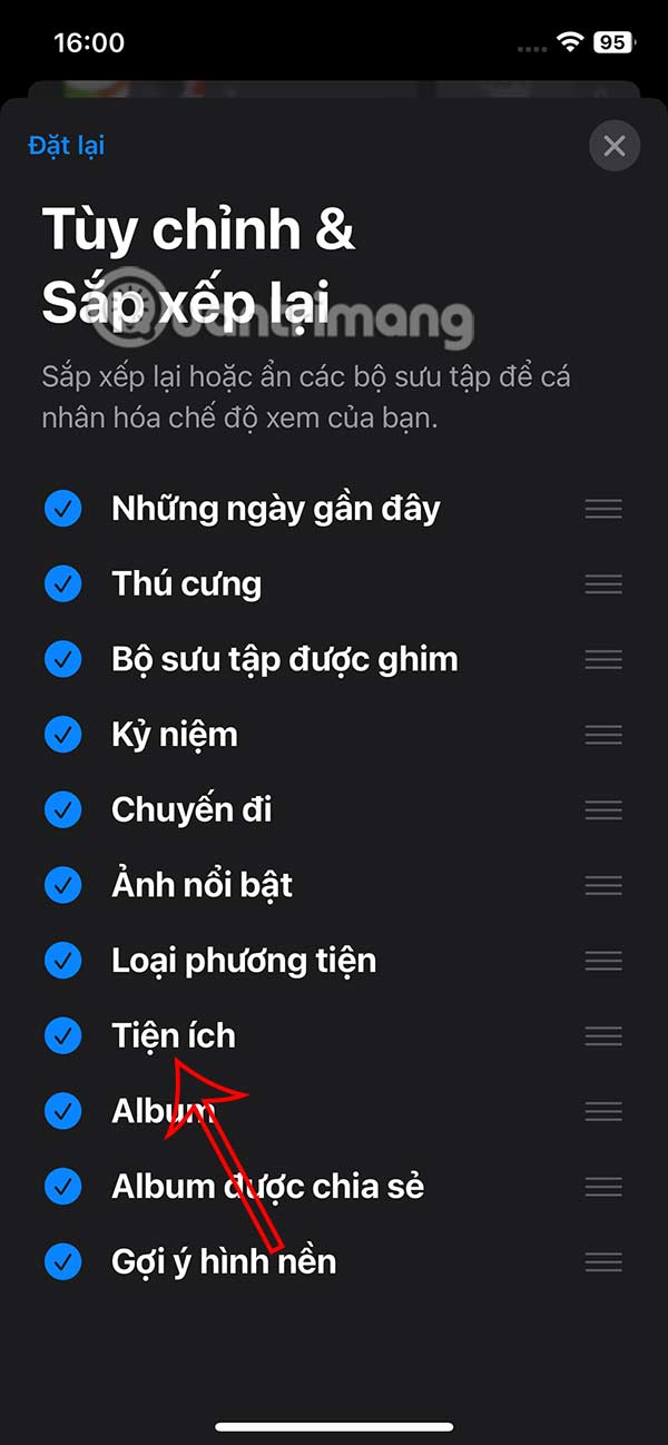 Hiển thị mục Tiện ích