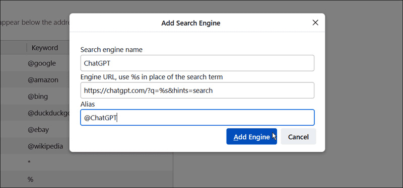 Fill in search engine information on Firefox