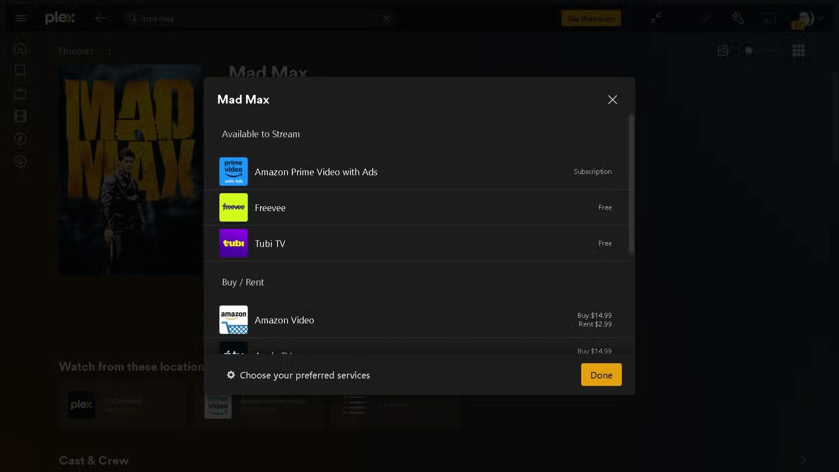 Các dịch vụ stream Mad Max trên Plex