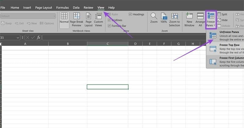 Unfreeze in Excel 