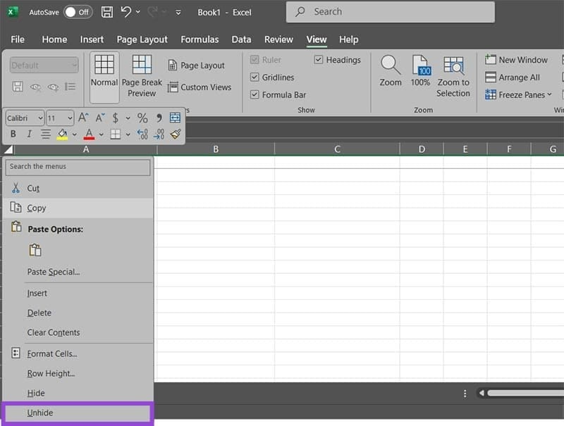 Unhide column rows in Excel 