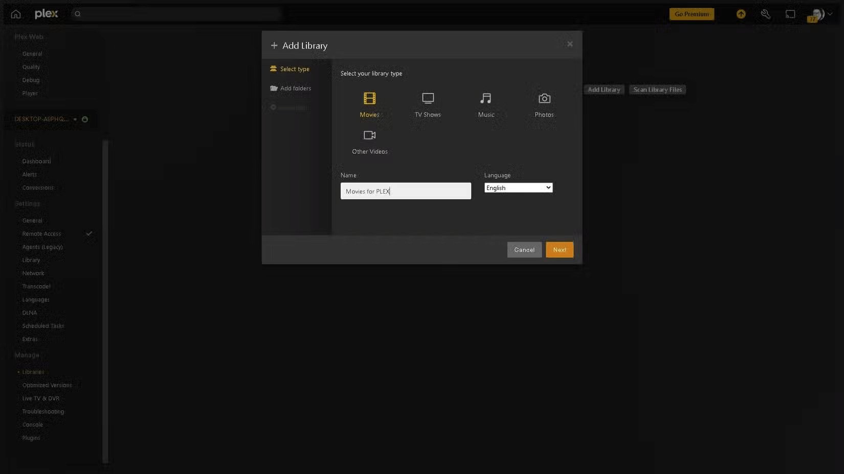 Choose a library to add to Plex