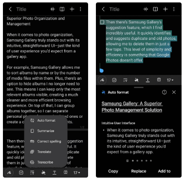 Auto format feature in Samsung Notes app