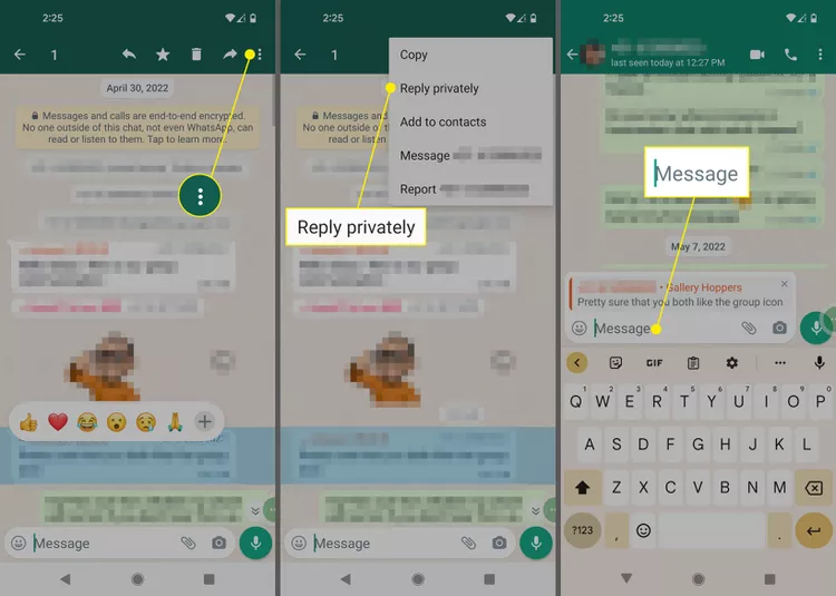 Reply to private group chat messages in WhatsApp