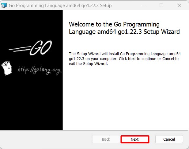 Click Next để cài Golang trên Windows