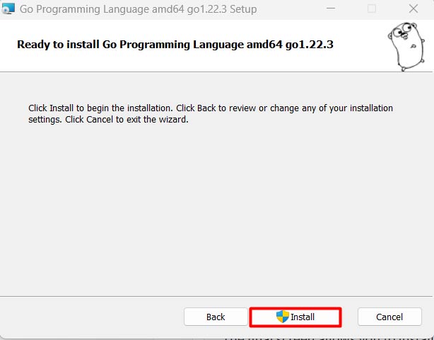 Click Install để cài Go trên Windows