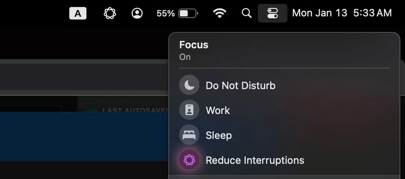 Different Focus Modes on Mac include Reduce Interruptions