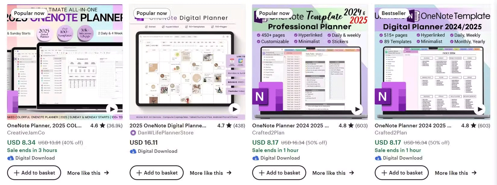 The Etsy search results page shows OneNote templates