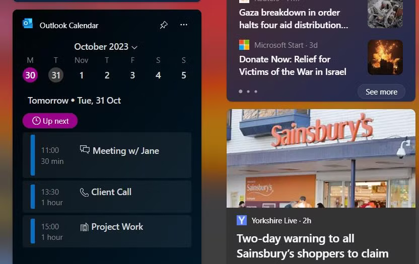 Widget năng suất Outlook Calendar Windows 11