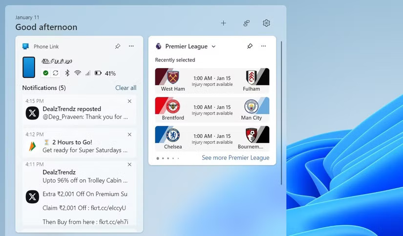 Bảng widget Windows 11 hiển thị ứng dụng Phone Link