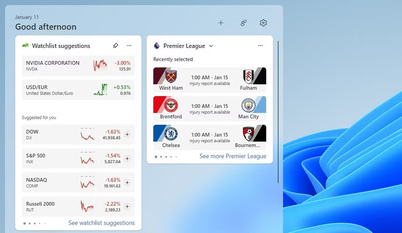 Bảng điều khiển Windows 11 hiển thị widget Watchlist